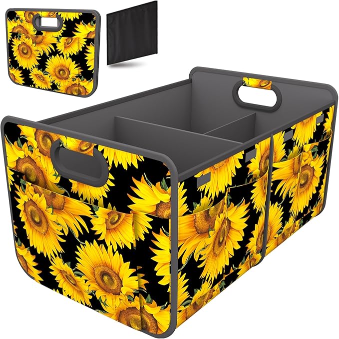 Homeve Trunk Organizer, Car Storage, Reinforced Handles, Collapsible Multi-Compartment Car Organizers, Foldable, Waterproof, 600D Oxford Polyester (Sunflower, 2 Compart)