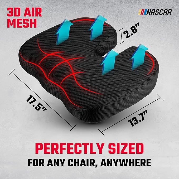 NASCAR Seat Cushion | Ergonomic U-Shape with Memory Foam for Tailbone, Sciatica, & Back Pain Relief | Breathable 3D Air Mesh Material w/Non-Slip Rubber Bottom | for Car, Office, Home, Travel | Black