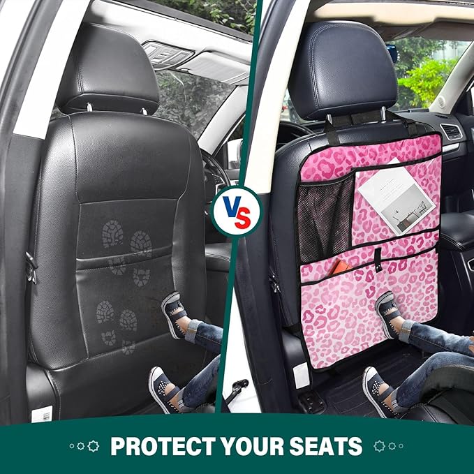 1 Pack Back Seat Car Organizer with Storage Pockets Kick Mats Back Seat Protector Hanging Car Organizer Automotive Seat Back Cover Organizers Gradient Pink Leopard Print