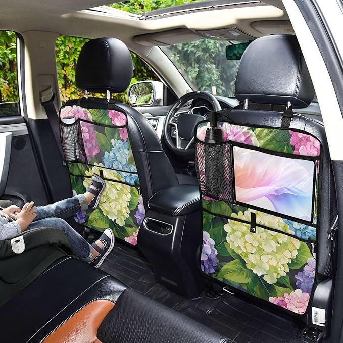 Pink Hydrangea 1 Pack Backseat Car Organizer with Storage Pockets Seat Back Organizers for Kids Kick Mats Backseat Protector Automotive