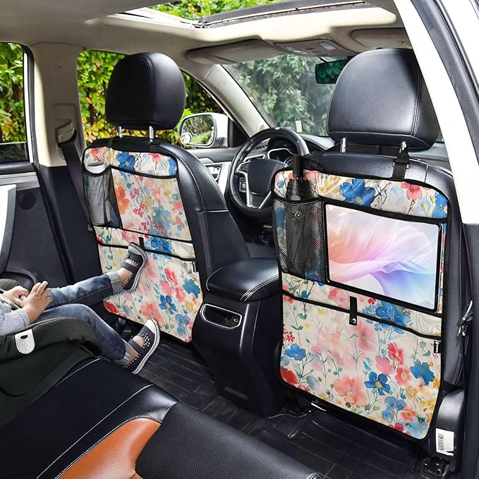 2 Pack Backseat Car Organizer with Storage Pockets Seat Back Organizers for Kids Kick Mats Backseat Protector Automotive Ink Blue Floral