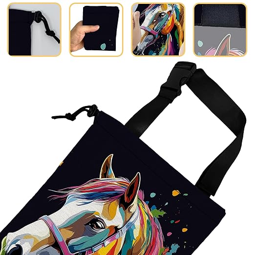 Watercolor Horse Car Trash Bag, Hanging Drawstring Car Garbage Bag,Canvas Car Back Seat Organizer with Adjustable Buckle for Men and Women