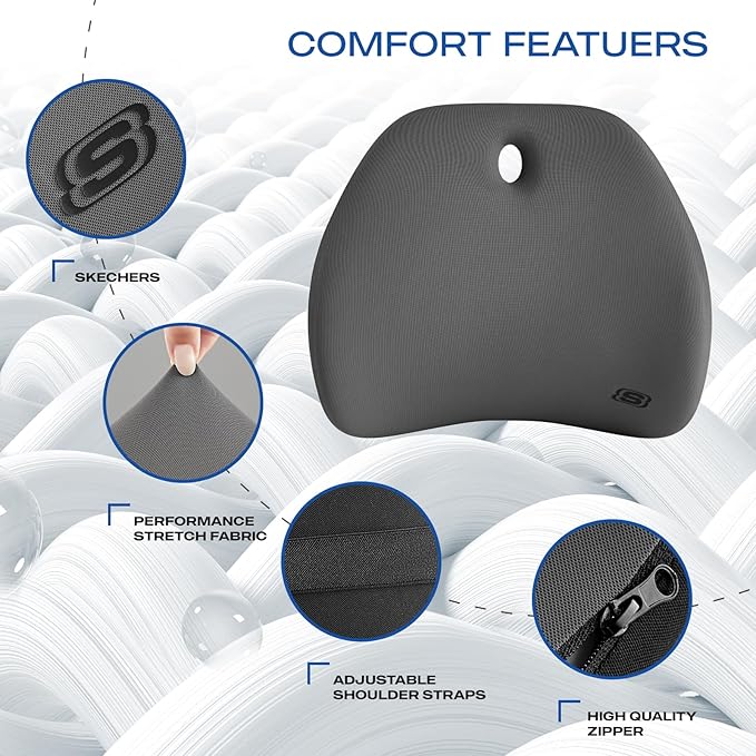 Skechers Lumbar Support Pillow for Office Chair,Memory Foam Lumbar Pillow,Lower Back Pain Relief Lumbar Pillow,Ergonomic Design Back Support Pillow for Office Chair,Car,Home,Travel,Gray