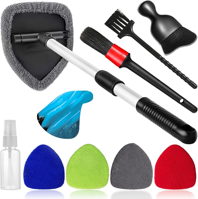 10pcs Windshield Cleaner Tool, Car Window Cleaning Wash Kit with 4 Reusable Microfiber Pads 1 Spray Bottle and Extendable Handle Auto Glass Wiper Kit, Multicolor