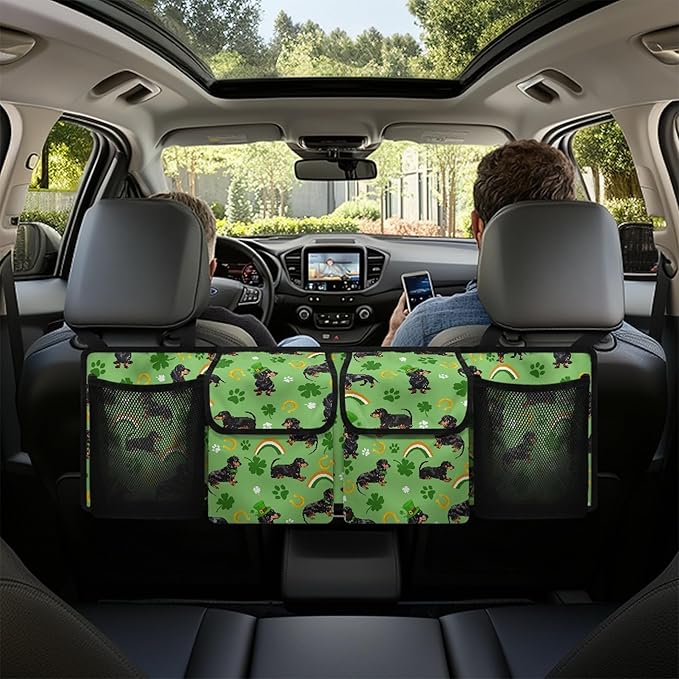 CLOHOMIN St. Patrick's Day Car Trunk Organizer Dachshund Car Trunk Organizers Green Leaf Backseat Hanging Storage Car Accessories Backseat Car Organizer for SUV Trucks Sedan