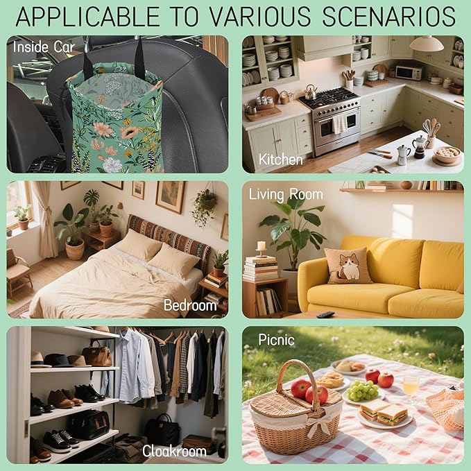 Blooming Flower Car Trash Bag,Garden Floral Hanging Drawstring Car Garbage Bag,Waterproof Canvas Car Back Seat Organizer with Adjustable Buckle,for Vehicles,SUVs,Camping,Road Trips