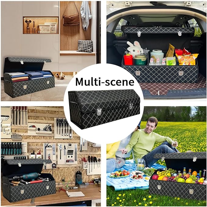 Trunk Organizer for Car With Lid,Foldable Trunk Organizer for SUVs & Sedans,Multi-Functional Leather Storage Box - Black Grid - Large