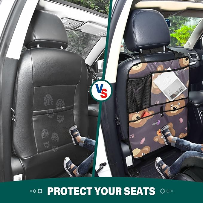 1 Pack Backseat Car Organizer with Storage Pockets Seat Back Organizers for Kids Kick Mats Backseat Protector Automotive Cute Bear Brown