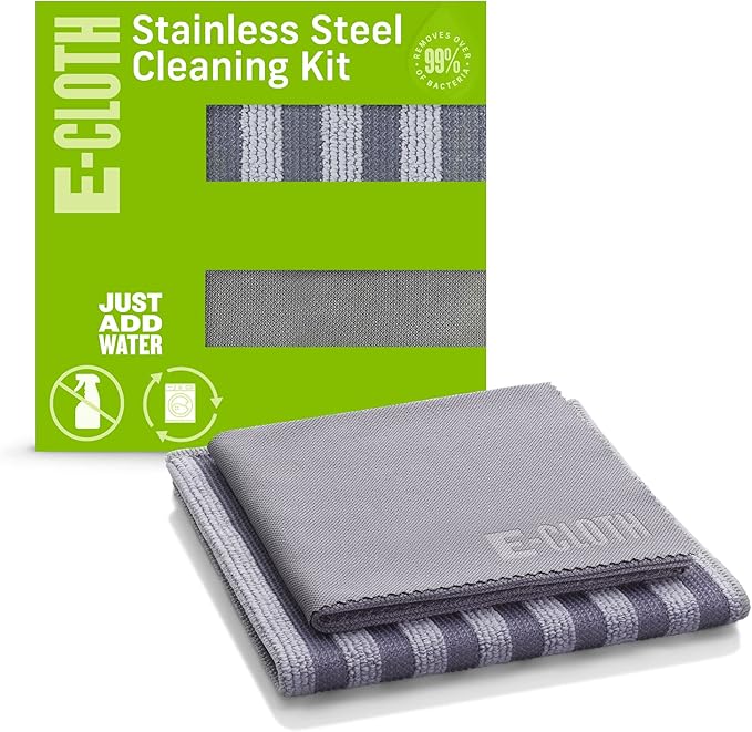 E-Cloth Stainless Steel Cleaning Kit, Microfiber Stainless Steel Cleaner for a Spotless Shine Home Appliances Including Oven, Stove and Refrigerators, Washable and Reusable, 100 Wash Promise