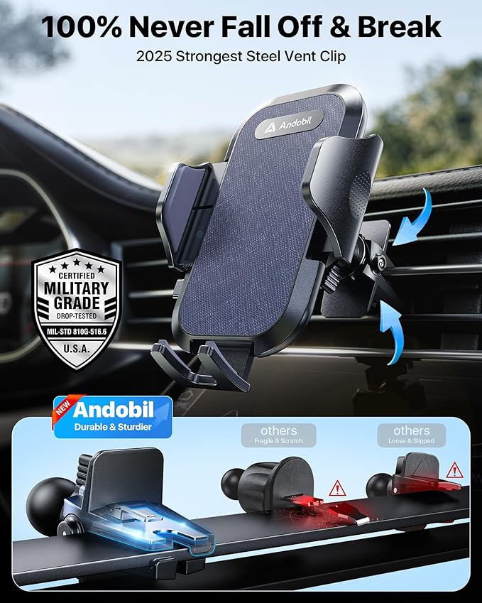 andobil 2025 Upgraded Car Phone Holder Mount for Vent, Military Sturdy Metal Clip Air Vent Phone Holder for Your Car Easy Used Cell Phone Car Mount, Blue