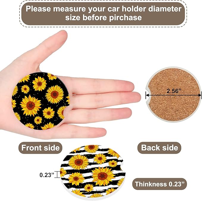 Autumn Sunflowers Car Cup Holder Coasters,Sunflowers Black White Stripe Car Cup Coasters Absorbent for Drinks with Cork Base Anti-Slip Universal Ceramic Insert Auto Interior Accessories 2Pcs