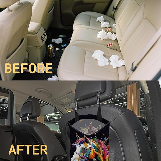 Watercolor Horse Car Trash Bag, Hanging Drawstring Car Garbage Bag,Canvas Car Back Seat Organizer with Adjustable Buckle for Men and Women