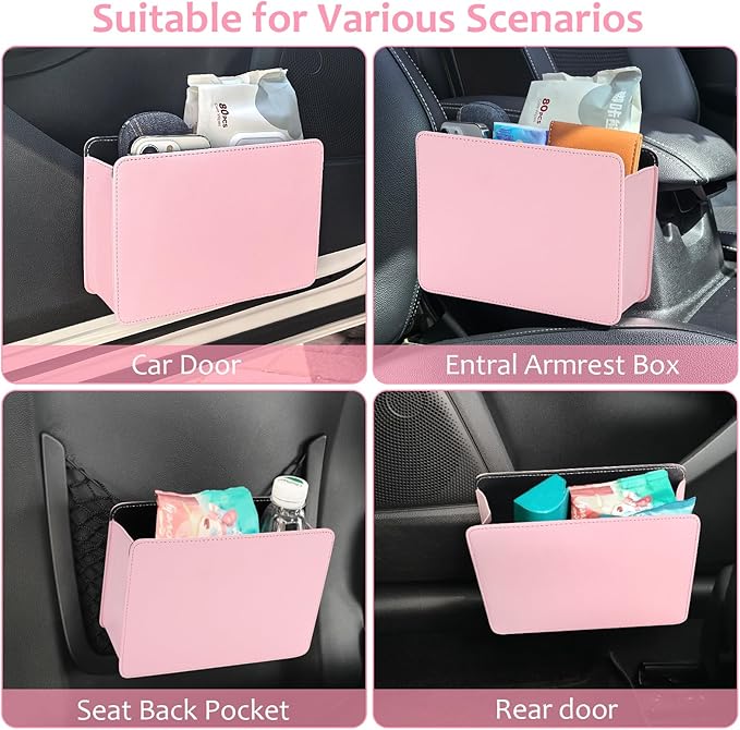 Accmor Car Trash Can, Foldable Leather Vehicle Garbage Organizer Bin with 30 Pcs Trash Bags, Mini Leak-Proof Auto Dustbin Storage Container Accessories for Cars Vans SUVs (Pink)