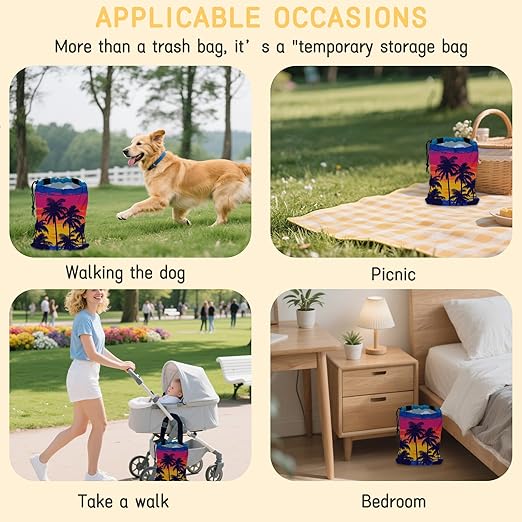 Tropical Palm Trees Car Trash Bag,Beach Sunset Strap Drawstring Car Garbage Bags,Car Back Seat Organizer with Adjustable Buckle for Car Accessories