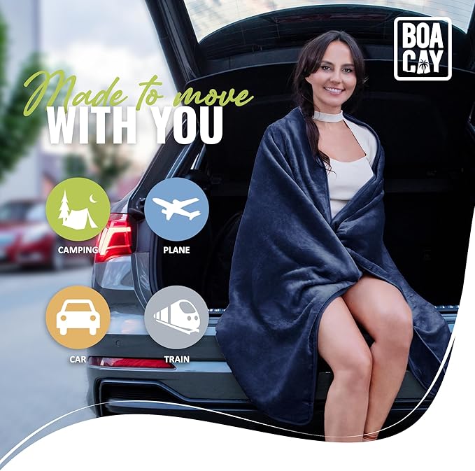 BOACAY Soft & Warm Travel Blanket for Airplane & Car - Long Flight Essential for Women, Men, Kids - Compact Pillow with Luggage Sleeve & Backpack Clip