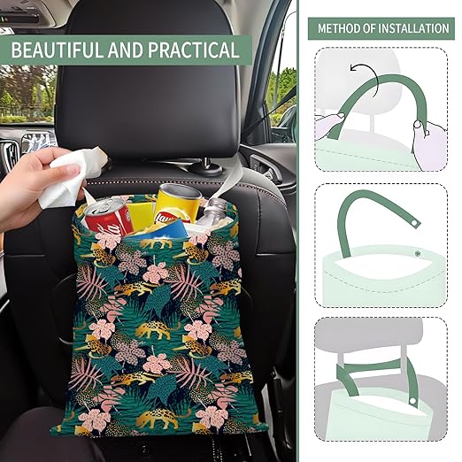 Cute Car Trash Can, Hanging Canvas Car Back Seat Organizer and Storage Bag, Funny Car Trash Bag For Travelling, Outdoor Tropical Leopard Jungle