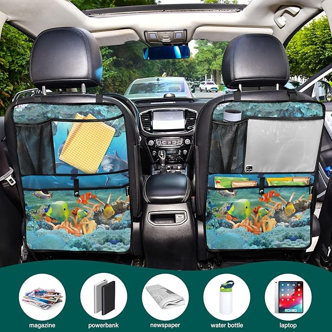 2 Pack Backseat Car Organizer with Storage Pockets Seat Back Organizers for Kids Kick Mats Backseat Protector Automotive Seabed Animal