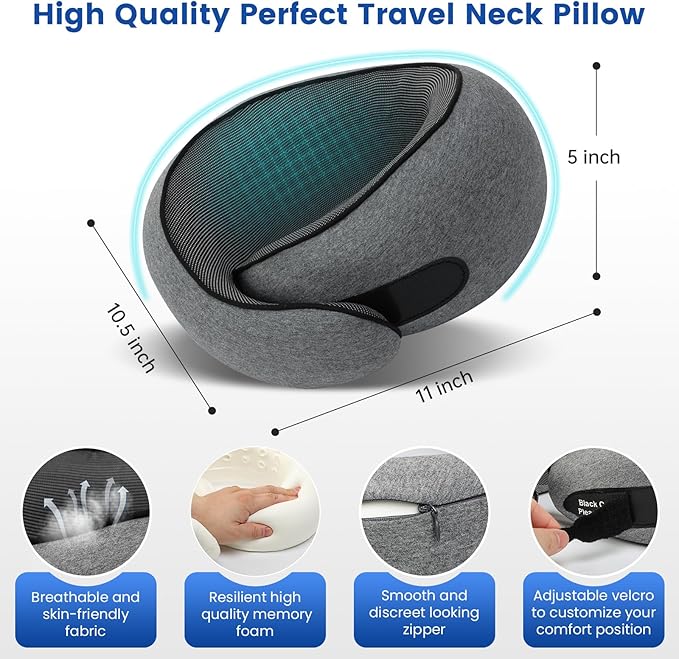 Teemour Travel Neck Pillow Airplane 360° Support Memory Foam Travel Pillows for Airplanes with Eye Mask & Ear Plugs, Portable Carry Bag for Travel & Office, Essentials for Home, Business Trip, Large