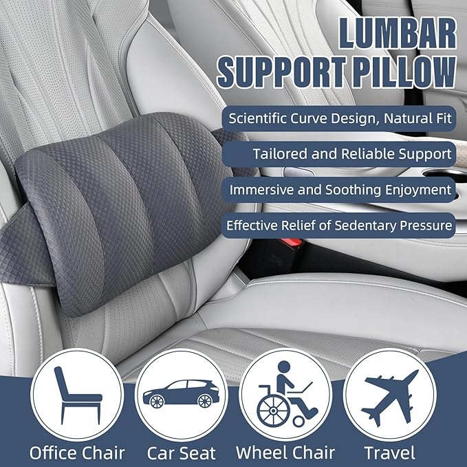 KAYI Lumbar Support Pillow for Car, Memory Foam Lumbar Pillow with Adjustable Straps, Lumbar Support Pillow for Office Chair, Back Support for Car, Sitting, Driving, Traveling (1, Gray)