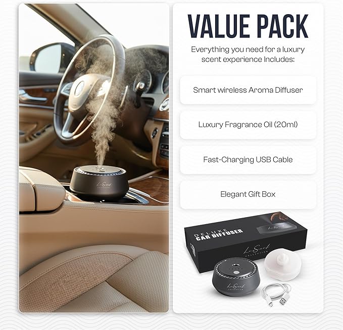 Smart Car Diffuser with 20ML Scent Oil Included - Car Air Freshener - Aromatherapy Diffuser - Portable, Compact, Cordless and Quiet Device - Deluxe Car Diffuser Luxscent Collection