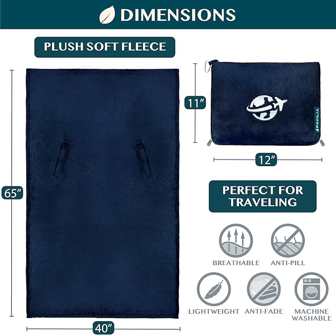 PAVILIA Travel Blanket and Pillow, Arms Opening Airplane Blankets for Adults, Compact Plane Blanket with Arm Hole 2-in-1 Bag for Flight Car Camping Fit in Luggage Backpack Traveler Gift, Navy Blue