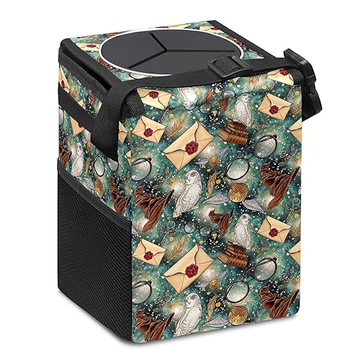 Halloween Wizard Owl Magic Car Trash Can with Lid Collapsible Reusable Waterproof Car Garage Bag,Automotive Garbage Can,Car Accessories Interior Car Organizer