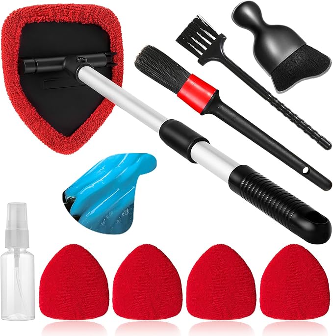 10pcs Windshield Cleaner Tool, Car Window Cleaning Wash Kit with 4 Reusable Microfiber Pads 1 Spray Bottle and Extendable Handle Auto Glass Wiper Kit, Red