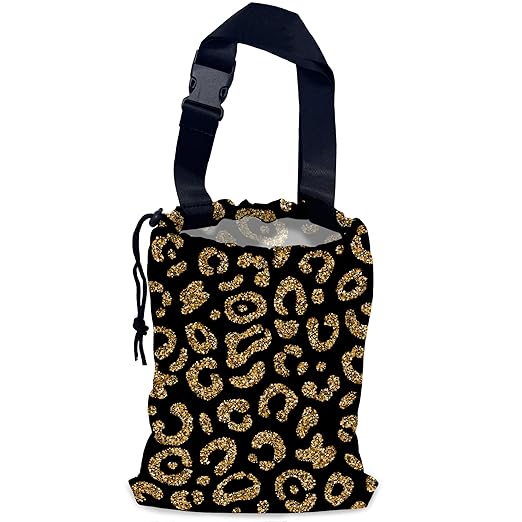 Glitter Leopard Car Trash Bag,Golden Lips Hanging Drawstring Car Garbage Bag,Waterproof Canvas Car Back Seat Organizer with Adjustable Buckle,for Vehicles,SUVs,Camping,Road Trips