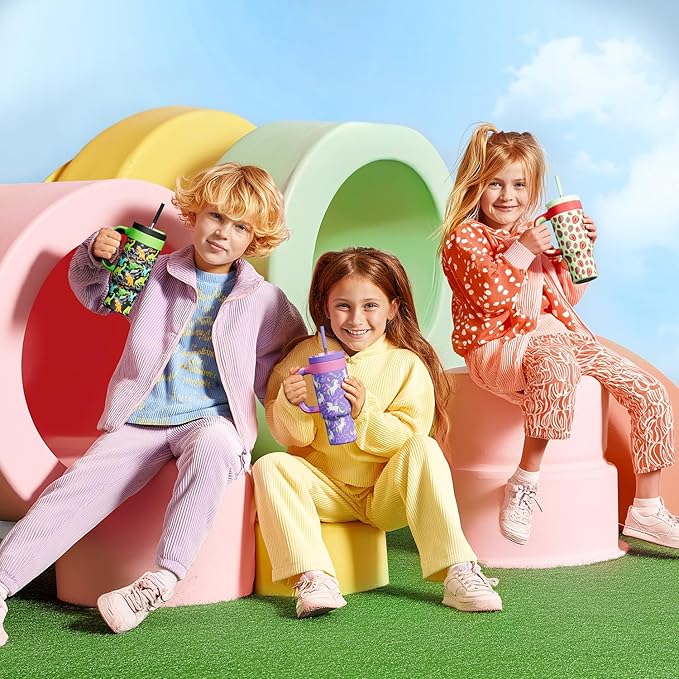 24 oz Kids Tumbler with Straw for Boys: Leakproof, Cold for 26 Hrs, Hot for 10 Hrs, Durable Handle, Insulated Stainless Steel Cup for Daycare, School, Classroom, Playtime, Birthday, Gift (Dino Rawr）