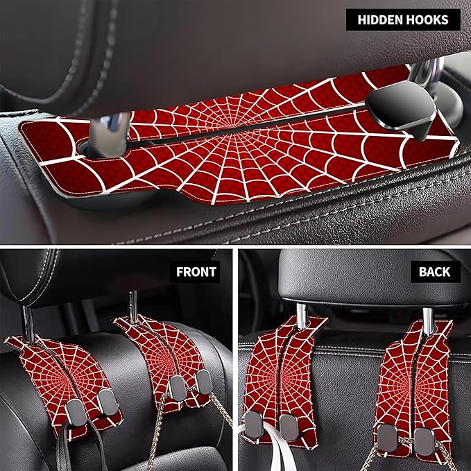 1 Pack Purse Hook for Car Red and White Spider Web Headrest Back Seat Hook Premium Leather Double Metal Hanger Storage Pack Bag Purse Holder Car Accessories