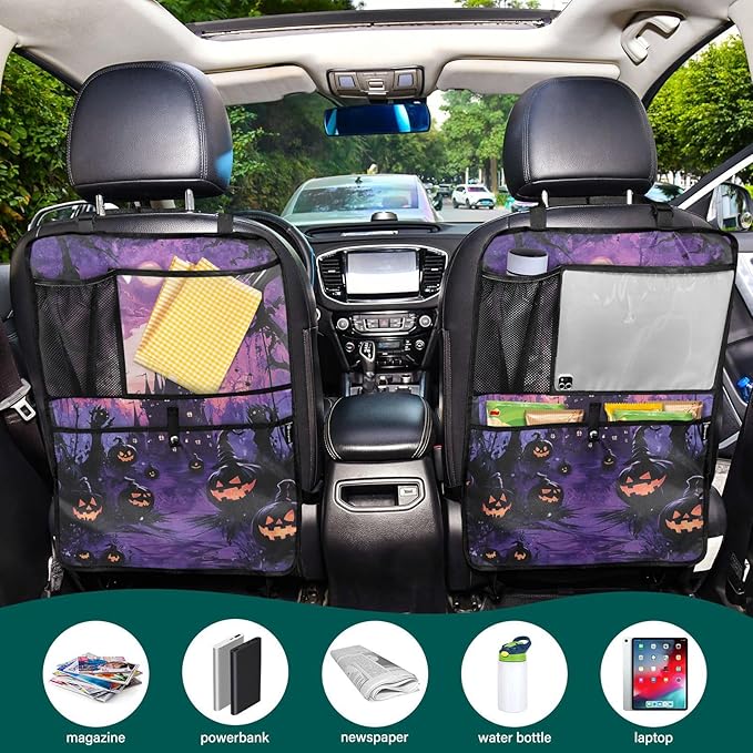 Purple Halloween Bat Pumpkin 2 Pack Backseat Car Organizer with Storage Pockets Seat Back Organizers for Kids Kick Mats Backseat Protector Automotive