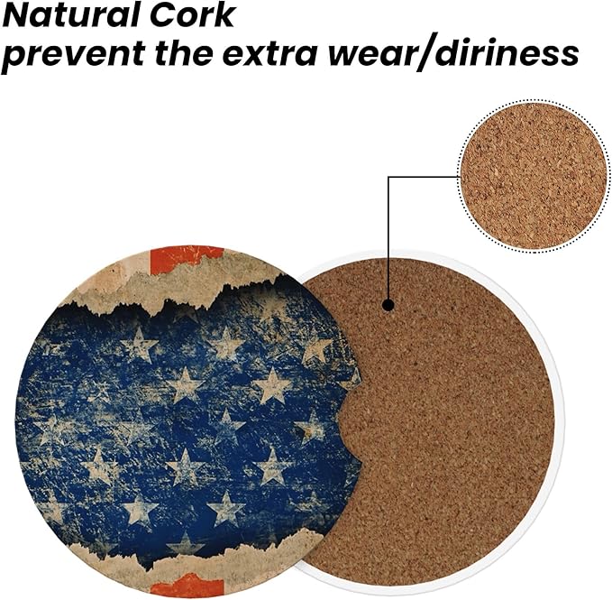 Absorbent Car Coasters for Cup Holders, 2 Pack Universal Anti Slip Ceramic Cup Coaster for Women Men 2.56 Inch Car Interior Accessories - Vintage Stars and Stripes 010