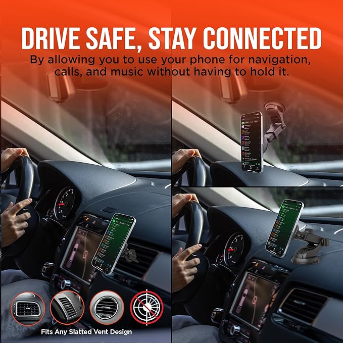 HyperGear MagSafe Car Mount - Magnetic Phone Holders for your Car Phone Holder Mount, Hands Free Mobile 3 Mounting Options (Windshield+Vent+Dash), Adapter included Cellphone Holder for iPhone, Android