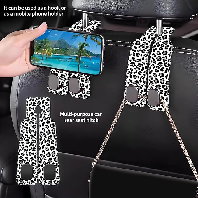 1 Pack Car Seat Headrest Hooks for Purses Abstract Black and Grey Leopard Bag Purse Holder for Car with Double Metal Hooks Car Purse Hanger Hanging Accessories