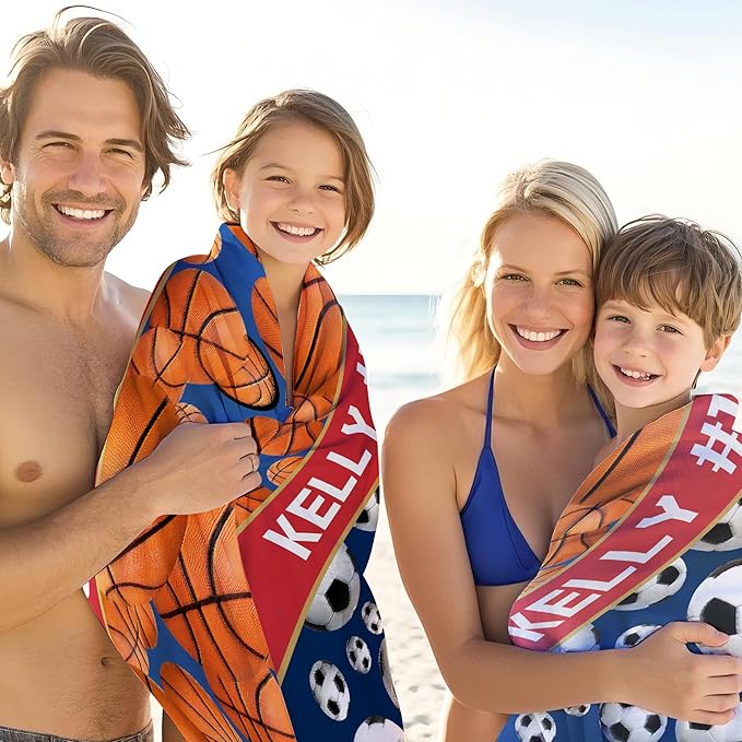 Personalized Beach Towel With Name, Custom Beach Towel with Text, Customized Basketball Football Microfiber Pool Towel, Quick Dry & Absorbent Swim Towel for Adult,Anniversary, Birthday, Summer Holiday