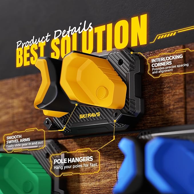 Ski & Snowboard Wall Rack for Garage Wall Fits Any Ski/board, Ski Wall Mount Holders Damage-Free Storage Rack, Garage Organization Space-Saving Winter Gear Organizer, Yellow, 4 Pack