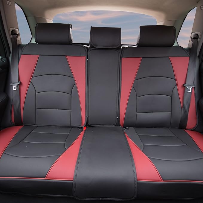 FH Group Back Seat Faux Leather Car Seat Cover, Universal Fit, Rear Seat Covers for Cars with Rear Split Bench, Car Interior Accessories for SUV, Sedan, Van, Burgundy/Black