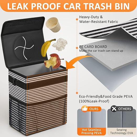 3 Gallons Car Trash Can with Lid, Car Trash Bag Bin Hanging Waterproof Automotive Garbage Cans Leak Proof Vehicle Trash Can Stripe