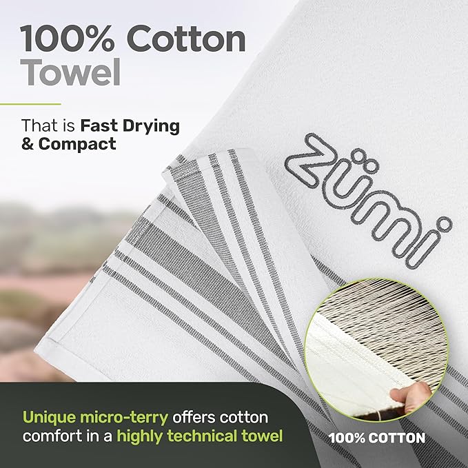 Zumi 100% Cotton Quick Dry Large Travel Towel - Soft, Thin, Compact, Highly Absorbent, Lightweight Camping Towel for Beach, Gym, Bath, Shower, Swimming, Dorm, RV - White