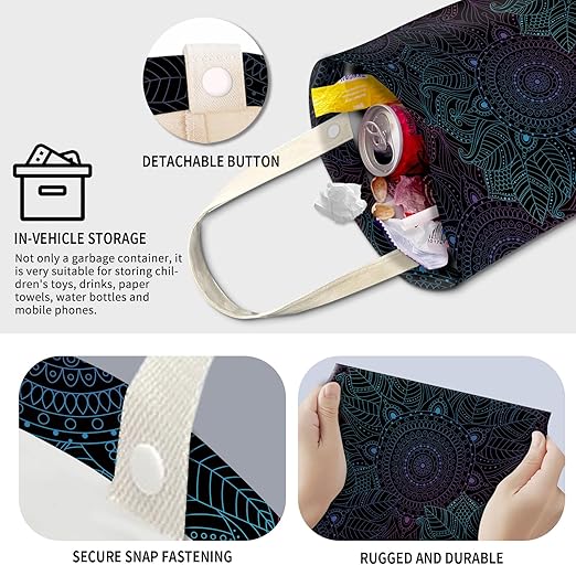 Cute Car Trash Can, Hanging Canvas Car Back Seat Organizer and Storage Bag, Funny Car Trash Bag For Travelling, Outdoor Mandala Dark Pattern