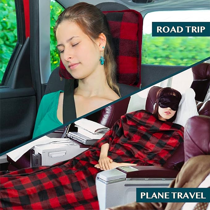 PAVILIA Travel Blanket and Pillow, Arms Opening Airplane Blankets for Adults, Compact Plane Blanket with Arm Hole 2-in-1 Bag for Flight Car Camping Luggage Backpack Traveler Gift, Checkered Red