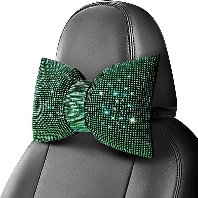 surpassme 2PCS Rhinestone Car Headrest Neck Pillow for Driving with Bling Bling Crystal Bow Pillow Car Accessories for Women (Green)