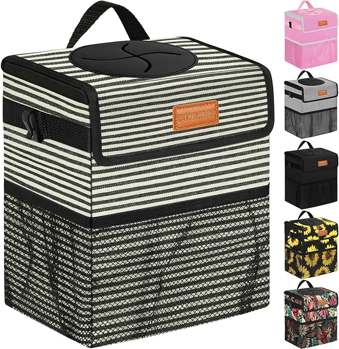 Car Trash Can Bin for Back Seat Leak Proof, Cute Car Trash Bag Hanging, Vehicle Trash Can for SUV Truck Van, Automotive Garbage Cans Front Seat Stripe