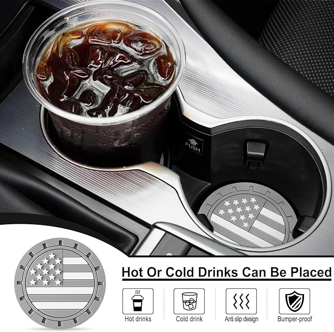 JUSTTOP Car Cup Holder Coaster,American Flag Non-Slip Insert Car Cup Coaster,Car Accessories Interior for Women and Man,4 Pack Gray