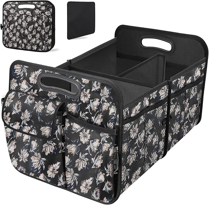 Trunk Organizer, Collapsible Trunk Organizers and Storage, Car Accessories for Women and Men, Multi-Compartment Trunk Storage Organizer for SUV, Car, Mini-Van - Floral