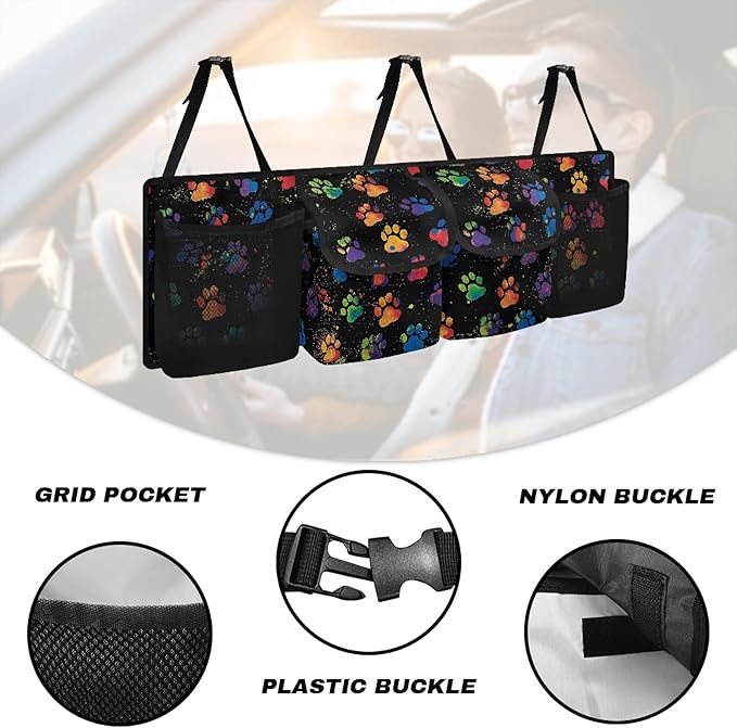 CLOHOMIN Colorful Dog Paw Car Trunk Organizer Cute Car Storage Bags Collapsible Car Trunk Tool Organizer Washable Cargo Bag with 4 Pockets Car Decorative Accessories