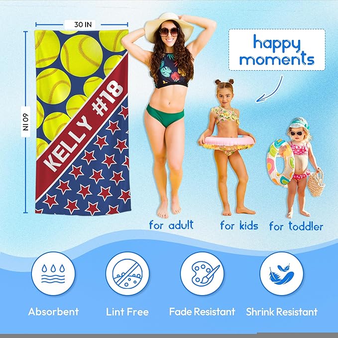 Personalized Beach Towel With Name, Custom Beach Towel with Text, Customized Microfiber Pool Towel, Quick Dry & Absorbent Swim Towel for Adult,Anniversary, Birthday, Summer Holiday,vacation, Tennis