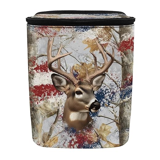 Camo Deer Car Trash Can with Lid US Flag Garbage Can with Adjustable Straps Trash Bin for Car Automotive Interior Accessories Storage Bag