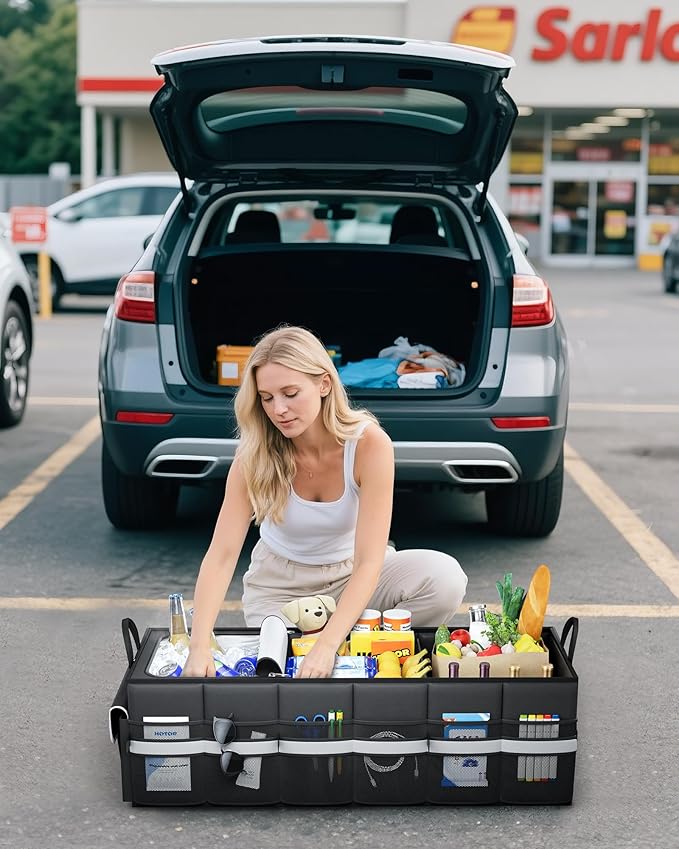 HOTOR Trunk Organizer - Car Organizer with Built-In Leakproof Car Cooler, Collapsible Trunk Organizer with Cooler for SUV, Sedan, with Base Panel (3 Compartments, Black), 35.4"×14.2"×10.6"