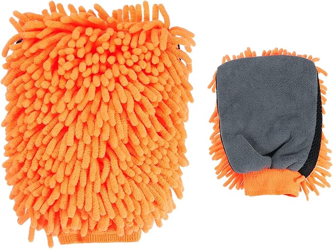 HARFINGTON Chenille Microfiber Car Wash Mitts 9.8" x 7.9" Scratch Free Wash Gloves Absorbent Double Sided Plush Cleaning Drying Mitts for Car Washing Home Clean, Orange